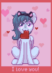 Size: 258x360 | Tagged: safe, artist:yarugreat, oc, oc:moon dust, animated, commission, front view, hearts and hooves day, pixel animation, pixel art, simple background, sitting, solo, ych result