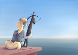 Size: 2384x1686 | Tagged: safe, alternate version, artist:colourwave, derpy hooves, pegasus, pony, g4, arrow, crossbow, day, female, heart, holiday, ocean, ponified, sitting, valentine's day, water, weapon