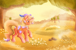 Size: 3000x2000 | Tagged: safe, artist:euspuche, oc, oc only, oc:peaches, pony, unicorn, bow, chest fluff, clothes, flower, hat, high res, male, scenery, solo, sunlight, sunset, tail, tail bow, tree