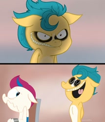 Size: 1081x1256 | Tagged: safe, artist:sockiepuppetry, edit, hitch trailblazer, zipp storm, earth pony, pegasus, pony, .mov, shed.mov, g5, my little pony: a new generation, 2 panel comic, chair, comic, duo, evil smile, eyes closed, female, floppy ears, grin, hooves behind back, looking back, male, mare, open mouth, open smile, parody, restrained, scared, smiling, stallion, style emulation, this will end in death, wavy mouth