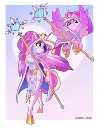 Size: 1280x1672 | Tagged: safe, artist:lummh, princess cadance, alicorn, pony, anthro, unguligrade anthro, g4, abstract background, anthro ponidox, cloak, cloaked, clothes, crystal, crystal heart, crystal princess, duo, duo female, female, heart, holiday, ponytail, priestess, princess of love, self ponidox, socks, staff, stockings, thigh highs, valentine's day