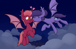 Size: 2561x1637 | Tagged: safe, artist:moonatik, oc, oc only, oc:arlia, oc:thorium, bat pony, pony, bat pony oc, cloud, female, flying, hair bun, heart, kissing, male, mare, night, shipping, sky, stallion, stars, straight