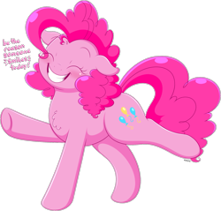 Size: 1919x1836 | Tagged: safe, artist:wownamesarehard, derpibooru exclusive, pinkie pie, earth pony, pony, g4, chest fluff, cute, dialogue, diapinkes, eyes closed, female, grin, mare, positive ponies, raised leg, simple background, smiling, solo, standing on two hooves, transparent background