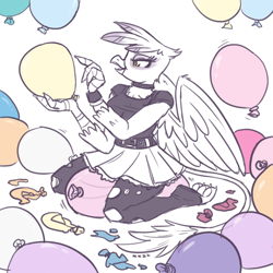 Size: 1600x1600 | Tagged: safe, artist:king-kakapo, gilda, anthro, g4, balloon, balloon fetish, balloon popping, balloon riding, belt, choker, clothes, commission, female, fetish, kneeling, popped balloon, popping, ripped stockings, sketch, skirt, solo, stockings, that griffon sure does love balloons, thigh highs, torn clothes