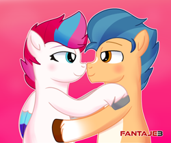 Size: 1306x1086 | Tagged: safe, artist:fantaje3, hitch trailblazer, zipp storm, earth pony, pegasus, pony, g5, my little pony: a new generation, female, hearts and hooves day, looking at each other, looking at someone, male, mare, ship:stormblazer, shipping, stallion, straight