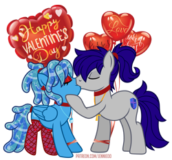 Size: 1200x1117 | Tagged: safe, artist:jennieoo, oc, oc:maverick, oc:ocean soul, earth pony, pegasus, pony, balloon, clothes, ear piercing, earring, eyes closed, eyeshadow, heart, heart balloon, hearts and hooves day, jewelry, kiss on the lips, kissing, love, makeup, married couple, necklace, piercing, ponytail, show accurate, simple background, smooch, soulverick, stockings, thigh highs, transparent background, vector