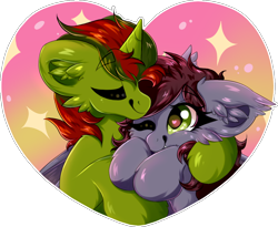 Size: 976x801 | Tagged: safe, artist:woonborg, oc, oc only, oc:blobel, oc:sweet night, bat pony, pony, unicorn, bat pony oc, commission, heart, hearts and hooves day, holiday, horn, unicorn oc, valentine, valentine's day, ych result