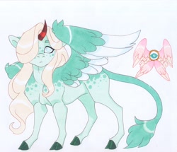 Size: 3456x2973 | Tagged: safe, artist:frozensoulpony, oc, oc:ivory thyme, hybrid, kirin, cloven hooves, high res, interspecies offspring, male, offspring, parent:spring glow, simple background, solo, traditional art, white background, wings