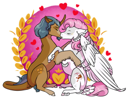 Size: 1024x801 | Tagged: safe, artist:oneiria-fylakas, oc, oc only, oc:golden mage, oc:honey haze, pegasus, pony, unicorn, female, kissing, male, mare, simple background, stallion, straight, transparent background