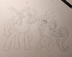 Size: 3024x2411 | Tagged: safe, artist:dreamy990, oc, oc only, oc:blood moon, oc:moonbite, bat pony, female, high res, male, mare, monochrome, stallion, traditional art