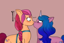 Size: 1414x955 | Tagged: safe, artist:theewk, izzy moonbow, sunny starscout, earth pony, pony, unicorn, g5, my little pony: a new generation, blushing, boop, duo, female, kissing, lesbian, looking at each other, looking at someone, mare, noseboop, ship:moonscout, shipping, signature, simple background