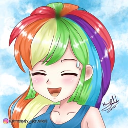 Size: 1008x1008 | Tagged: safe, artist:fluttershy_art.nurul, rainbow dash, human, g4, anime style, blushing, bust, eyes closed, female, humanized, multicolored hair, open mouth, open smile, rainbow hair, signature, smiling, solo, sweat