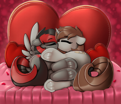 Size: 2499x2142 | Tagged: safe, artist:llametsul, oc, oc only, oc:arjin, oc:burning shadow, pegasus, pony, unicorn, bed, butt, commission, couple, cute, duo, duo female, eyes closed, female, floppy ears, heart, high res, holiday, horn, kiss on the lips, kissing, lesbian, mare, pegasus oc, plot, strategically covered, underhoof, unicorn oc, valentine's day