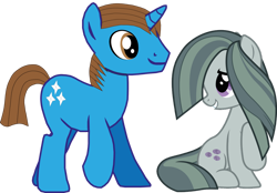 Size: 1280x891 | Tagged: safe, artist:ncolque, marble pie, oc, oc:sharp stars, earth pony, pony, unicorn, g4, brown eyes, brown mane, brown tail, duo, female, full body, grin, hooves, horn, looking back, male, mare, purple eyes, shipping, simple background, smiling, stallion, tail, transparent background, unicorn oc
