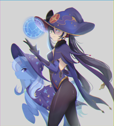 Size: 1280x1414 | Tagged: safe, artist:babybearkiki, trixie, human, pony, unicorn, g4, breasts, cape, clothes, crossover, ear piercing, earring, genshin impact, hat, jewelry, mona (genshin impact), piercing, stockings, thigh highs, trixie's cape, trixie's hat, witch hat