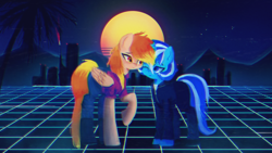 Size: 1920x1080 | Tagged: safe, artist:menalia, oc, oc only, oc:freezy coldres, oc:shiny flames, pegasus, pony, unicorn, aesthetics, boots, city, clothes, female, holiday, horn, jacket, lesbian, looking at each other, looking at someone, mare, mountain, one eye closed, palm tree, pants, raised hoof, shirt, shoes, stars, sun, synthwave, synthwave grid, t-shirt, tree, valentine's day, wallpaper, wings