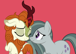 Size: 2920x2080 | Tagged: safe, artist:squipycheetah, autumn blaze, marble pie, earth pony, kirin, pony, g4, crack shipping, cute, duo, duo female, eyes closed, female, floppy ears, high res, lesbian, looking at someone, marbleblaze, mare, pink background, purple eyes, raised hoof, shipping, simple background, smiling