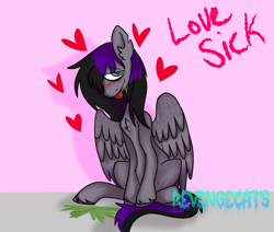 Size: 1668x1414 | Tagged: safe, artist:revenge.cats, oc, oc only, oc:drizzling dasher, pegasus, pony, blushing, chest fluff, colored wings, ear fluff, emo, fangs, gradient wings, heart, hooves, pegasus oc, signature, sitting, smiling, solo, tail, tongue out, two toned mane, two toned tail, unshorn fetlocks, vomit, wings