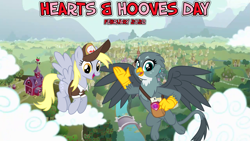 Size: 2063x1161 | Tagged: safe, artist:cheezedoodle96, artist:not-yet-a-brony, edit, derpy hooves, gabby, griffon, pegasus, pony, g4, 2022, cloud, delivery, delivery pony, duo, duo female, february, female, flying, friendship, hearts and hooves day, holiday, hooves, mail, mail carrier, mailbag, mailmare, mailmare uniform, mare, open mouth, open smile, ponyville, smiling, spread wings, tail, underp, valentine's day, wings, youtube link in the description