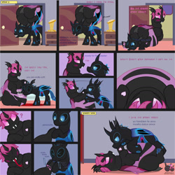 Size: 1659x1662 | Tagged: safe, artist:wheatley r.h., derpibooru exclusive, oc, oc only, oc:lara, oc:w. rhinestone eyes, changeling, honeypot changeling, comic:still hungry, bat wings, bedroom eyes, belly, belly bed, bellyrubs, big belly, biting, blue blush, blue changeling, blushing, changeling oc, chunkling, fangs, fat, female, folded wings, happy, heart, holding a changeling, hoof biting, hooves, horn, impossibly large belly, love, male, mare, nom, obese, pink changeling, sharp teeth, spanish, stallion, stuck, teeth, tongue out, trophy, vector, watermark, wing hold, wings