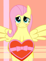 Size: 858x1130 | Tagged: safe, fluttershy, g4, blushing, candy, chocolate, food, heart, hearts and hooves day, holiday, looking at you, smiling, solo, valentine's day