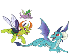 Size: 7813x5613 | Tagged: safe, artist:starponys87, artist:tsitra360, color edit, edit, princess ember, spike, thorax, changedling, changeling, dragon, g4, season 8, changeling x dragon, chase, colored, dragoness, female, flying, holiday, interspecies, king thorax, male, ship:embrax, shipping, simple background, straight, trio, white background, winged spike, wings