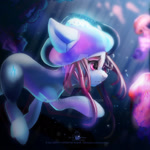Size: 1280x1280 | Tagged: safe, artist:oriana80, oc, oc only, hybrid, jellyfish, jellyfish pony, original species, pony, bubble, colored pupils, crepuscular rays, deviantart watermark, female, flowing mane, glowing, obtrusive watermark, ocean, pink eyes, solo, sunlight, swimming, underwater, water, watermark