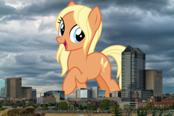 Size: 1728x1152 | Tagged: safe, artist:cheezedoodle96, artist:thegiantponyfan, edit, amber grain, earth pony, pony, g4, columbus, female, friendship student, giant pony, giant/macro earth pony, giantess, highrise ponies, irl, macro, mare, mega giant, ohio, open mouth, open smile, photo, ponies in real life, raised hoof, smiling