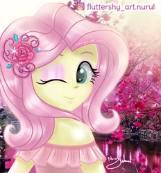 Size: 1506x1622 | Tagged: safe, artist:fluttershy_art.nurul, fluttershy, equestria girls, g4, adorasexy, bare shoulders, beautiful, beautiful eyes, beautisexy, bust, clothes, cute, dress, eyelashes, eyeshadow, female, flower, hairpin, humanized, looking at you, makeup, one eye closed, pink background, rose, sexy, shyabetes, solo, wink, winking at you