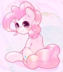 Size: 1798x2048 | Tagged: safe, artist:kurogewapony, pinkie pie, earth pony, pony, blushing, cute, diapinkes, female, happy, looking at you, looking back, looking back at you, mare, simple background, sitting, smiling, smiling at you, solo