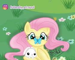 Size: 891x711 | Tagged: safe, artist:fluttershy_art.nurul, angel bunny, fluttershy, butterfly, pegasus, pony, rabbit, g4, animal, butterfly on nose, cute, female, flower, grass, grass field, insect on nose, lying down, mare, on back, shyabetes