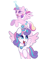 Size: 814x1000 | Tagged: safe, artist:risswm, princess cadance, princess flurry heart, alicorn, pony, g4, crown, eye clipping through hair, female, glowing, glowing horn, hooves, horn, jewelry, mare, older, older flurry heart, open mouth, open smile, raised hoof, regalia, shading, signature, simple background, smiling, spread wings, tail, teen princess cadance, white background, wings