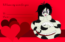 Size: 3156x2028 | Tagged: safe, artist:badumsquish, derpibooru exclusive, oc, oc only, oc:cuppa noodle, lamia, monster pony, original species, pony, g4, coils, fangs, female, glasses, grin, heart, high res, holiday, looking at you, mare, messy mane, neet, nerd, smiling, solo, valentine, valentine's day, valentine's day card