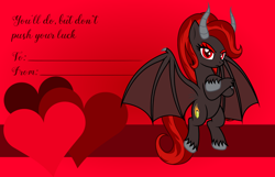 Size: 3156x2028 | Tagged: safe, artist:badumsquish, derpibooru exclusive, oc, oc only, oc:kim stone, bat pony, demon, demon pony, monster pony, original species, pony, g4, bat wings, brimstone, crossed hooves, eyeshadow, female, flying, frown, grumpy, heart, high res, holiday, horns, looking at you, makeup, solo, spread wings, tsundere, unshorn fetlocks, valentine, valentine's day, valentine's day card, wings