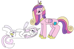 Size: 3104x2081 | Tagged: safe, artist:supahdonarudo, fleur-de-lis, princess cadance, alicorn, pony, unicorn, series:fleurbuary, g4, crown, duo, duo female, female, folded wings, full body, high res, hoof shoes, hooves, horn, jewelry, lidded eyes, looking at each other, looking at someone, lying down, mare, multicolored mane, multicolored tail, on back, open mouth, open smile, raised hoof, regalia, simple background, smiling, standing, tail, transparent background, wings
