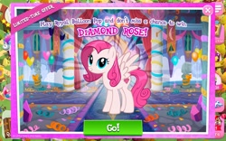 Size: 1920x1200 | Tagged: safe, gameloft, screencap, apple crisp, candy apples, diamond rose, svengallop, earth pony, pegasus, pony, g4, advertisement, apple family member, compass, female, full body, hooves, male, mare, smiling, spread wings, stallion, standing, sweet apple acres, tail, text, wings