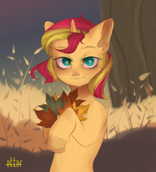 Size: 1024x1126 | Tagged: safe, artist:etter, sunset shimmer, pony, unicorn, g4, autumn, bipedal, cute, leaves, looking at you, solo, tree, watermark