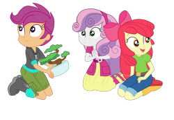 Size: 3900x2693 | Tagged: safe, artist:gmaplay, apple bloom, scootaloo, sweetie belle, equestria girls, g4, happily ever after party, happily ever after party: applejack, my little pony equestria girls: better together, belt, bonsai, boots, clothes, cutie mark crusaders, high res, hoodie, jeans, pants, shoes, shorts, simple background, sitting, skirt, transparent background
