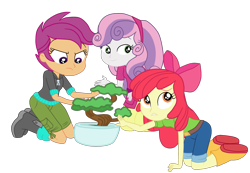Size: 3900x2693 | Tagged: safe, alternate version, artist:gmaplay, apple bloom, scootaloo, sweetie belle, equestria girls, g4, happily ever after party, happily ever after party: applejack, my little pony equestria girls: better together, belt, bonsai, boots, clothes, cutie mark crusaders, high res, hoodie, jeans, kneeling, pants, shoes, shorts, simple background, sitting, skirt, transparent background