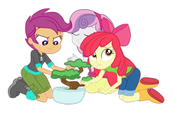 Size: 3900x2693 | Tagged: safe, artist:gmaplay, apple bloom, scootaloo, sweetie belle, equestria girls, g4, happily ever after party, happily ever after party: applejack, my little pony equestria girls: better together, belt, bonsai, boots, clothes, cutie mark crusaders, high res, hoodie, jeans, kneeling, pants, shoes, shorts, simple background, sitting, skirt, transparent background