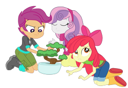 Size: 3900x2693 | Tagged: safe, alternate version, artist:gmaplay, apple bloom, scootaloo, sweetie belle, equestria girls, g4, happily ever after party, happily ever after party: applejack, my little pony equestria girls: better together, belt, bonsai, boots, clothes, cutie mark crusaders, eyes closed, high res, hoodie, jeans, kneeling, pants, shoes, shorts, simple background, sitting, skirt, transparent background