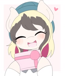 Size: 1729x2022 | Tagged: safe, artist:ginmaruxx, oc, oc only, earth pony, pony, blushing, bust, clothes, cute, earth pony oc, emanata, eyes closed, female, happy, hat, heart, holding a present, mare, open mouth, open smile, partial background, present, simple background, smiling, solo