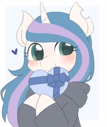 Size: 1724x2048 | Tagged: safe, artist:ginmaruxx, oc, oc only, pony, unicorn, blushing, bust, clothes, cute, emanata, female, happy, heart, holding a present, hoodie, horn, looking at you, mare, partial background, present, simple background, smiling, smiling at you, solo, torn ear, unicorn oc