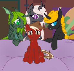 Size: 1964x1896 | Tagged: safe, artist:unichan, oc, oc:12 alpha, oc:autumn shimmer, oc:handshake exploit, oc:markerlight, changeling, pegasus, pony, fallout equestria, biomachine, concerned, couch, female, green changeling, half bat pony, male, mare, meme, meme template, piper perri surrounded, stallion, synth, white changeling, yellow changeling