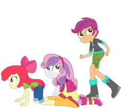 Size: 3700x3333 | Tagged: safe, artist:gmaplay, apple bloom, scootaloo, sweetie belle, equestria girls, g4, happily ever after party, happily ever after party: applejack, my little pony equestria girls: better together, belt, boots, clothes, cutie mark crusaders, high res, hoodie, jeans, pants, shoes, simple background, skirt, sneaking, transparent background