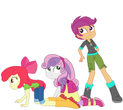 Size: 3700x3333 | Tagged: safe, alternate version, artist:gmaplay, apple bloom, scootaloo, sweetie belle, equestria girls, g4, happily ever after party, happily ever after party: applejack, my little pony equestria girls: better together, belt, boots, clothes, cutie mark crusaders, high res, hoodie, jeans, pants, shoes, shorts, simple background, skirt, sneaking, transparent background