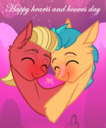 Size: 827x1000 | Tagged: artist needed, safe, hitch trailblazer, sprout cloverleaf, earth pony, pony, g5, my little pony: a new generation, blushing, couple, cute, duo, duo male, eyes closed, gay, heart, hearts and hooves day, holiday, male, nuzzling, ship:clovertrail, shipping, simple background, smiling, stallion, text, valentine's day