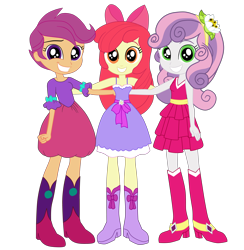 Size: 4070x4163 | Tagged: safe, artist:gmaplay, apple bloom, scootaloo, sweetie belle, a photo booth story, equestria girls, g4, my little pony equestria girls: summertime shorts, apple bloom's bow, boots, bow, clothes, cute, cutie mark crusaders, dress, fall formal, fall formal outfits, hair bow, looking at you, photo booth, ribbon, shoes, simple background, skirt, smiling, transparent background