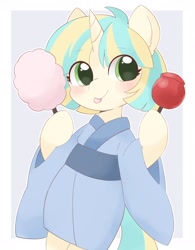 Size: 1594x2048 | Tagged: safe, artist:ginmaruxx, oc, oc only, pony, unicorn, anime, anime style, bipedal, bust, candy, clothes, commission, cotton candy, cute, eyebrows, eyebrows visible through hair, female, food, holding, horn, kimono (clothing), lollipop, looking at you, mare, solo, tongue out, unicorn oc