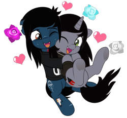 Size: 5370x5000 | Tagged: safe, artist:jhayarr23, earth pony, pony, undead, unicorn, zombie, bone, bring me the horizon, clothes, commission, disguise, disguised siren, dock, duo, duo male, fangs, from behind, gay, happy, horn, hug, jewelry, kellin quinn, long sleeves, male, necklace, oliver sykes, one eye closed, open mouth, ponified, scar, shipping, shirt, simple background, sleeping with sirens, t-shirt, tail, tattoo, torn ear, transparent background, underhoof, ych result